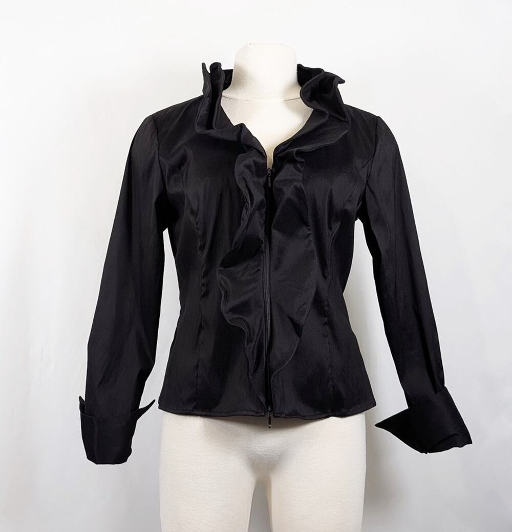 Samuel Dong Jacket Black Ruffled Collar Stretch Full Zip Women's Size L